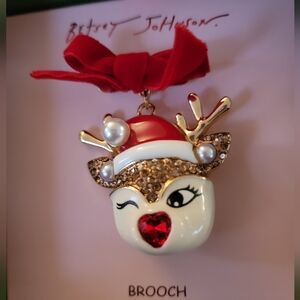 Betsey Johnson Festive Reindeer Brooch with Red and Gold